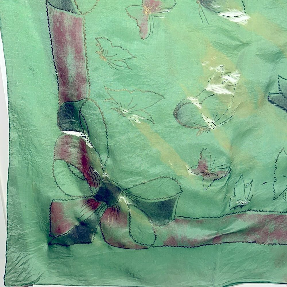 Vtg Brico 5 1/2 Momme green silk artsilk scarf painted with butterflies- AS IS - Picture 5 of 11